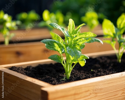 A close-up of fresh green basil seedlings thriving in a wooden planter filled with soil, showcasing nature's beauty and potential for growth. photo