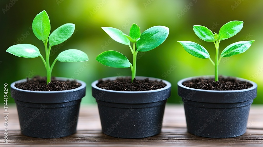 Growing green plants in black pots on a wooden surface under natural light Growing green plants in black pots on a wooden surface under natural light