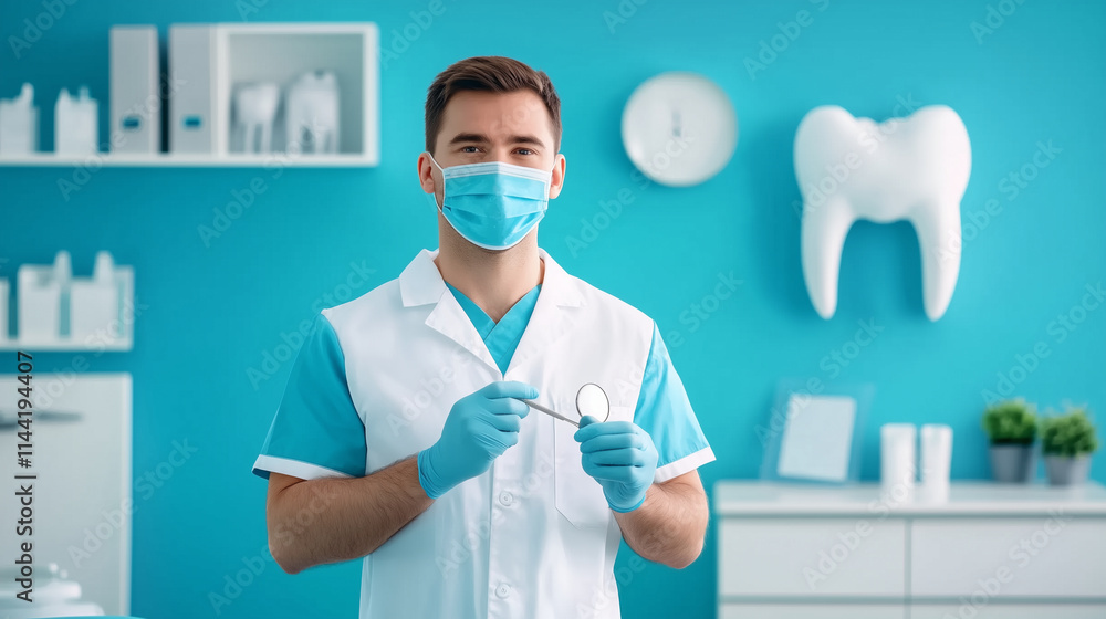 A professional dentist holding a dental scaler and mirror, wearing a mask and gloves, in a state-of-the-art clinic with ergonomic design and advanced equipment A professional dentist holding a dental scaler and mirror, wearing a mask and gloves, in a state-of-the-art clinic with ergonomic design and advanced equipment