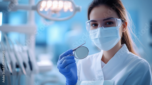 A professional dentist holding a dental scaler and mirror, wearing a mask and gloves, in a state-of-the-art clinic with ergonomic design and advanced equipment photo