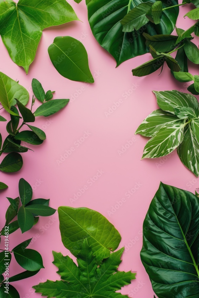 Fototapeta premium Pink background with a variety of green leaves surrounding it