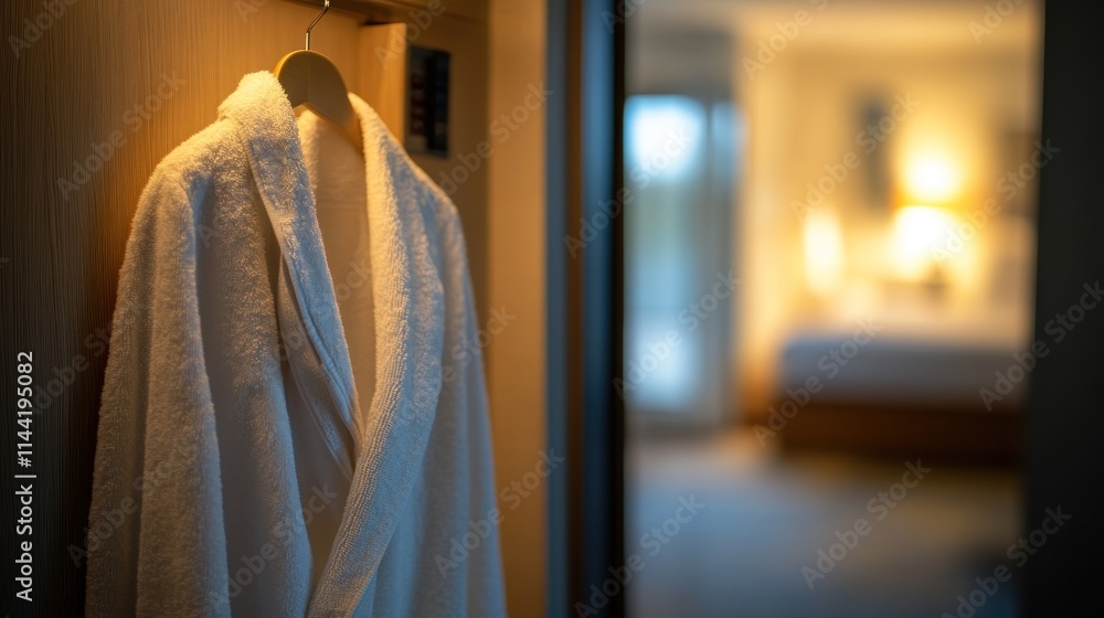 Robe hangs in a hotel room, bedroom in blurred background. Robe hangs in a hotel room, bedroom in blurred background.