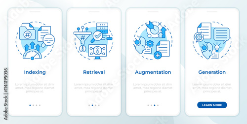 RAG process blue onboarding mobile app screen. Information walkthrough 4 steps editable graphic instructions with linear concepts. UI, UX, GUI template. Montserrat SemiBold, Regular fonts used