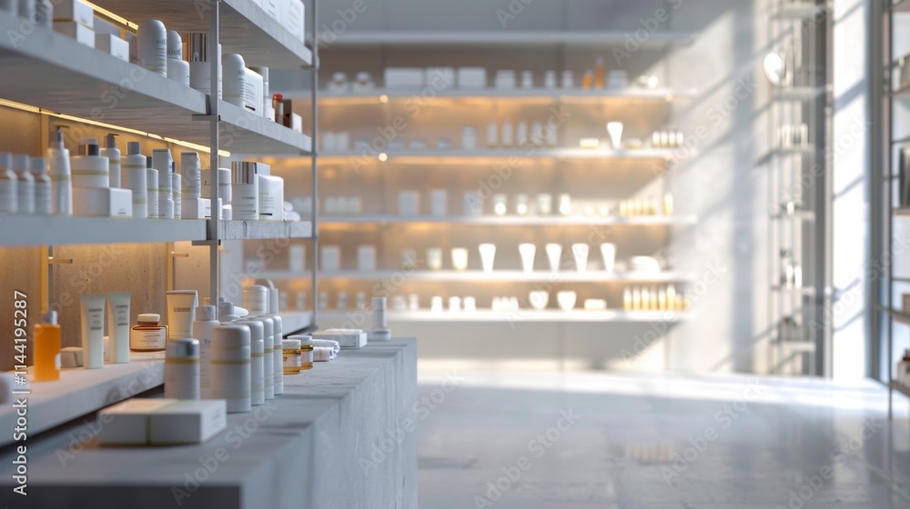 Bright and modern store aisle with shelves stocked with beauty products Bright and modern store aisle with shelves stocked with beauty products
