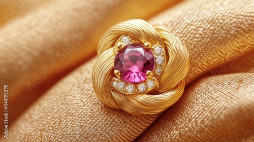 Gold ring with pink gemstone and diamonds photo