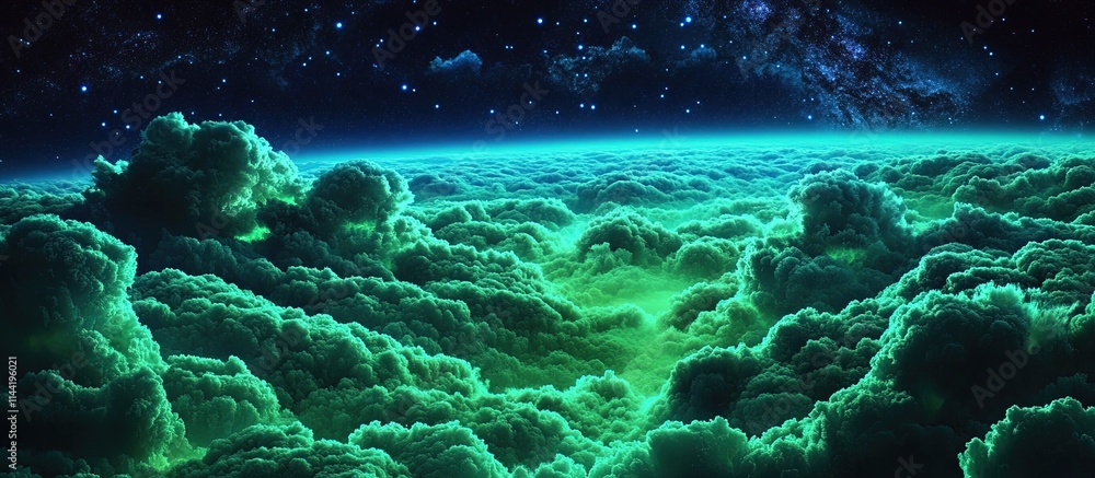 Fototapeta premium Green cloudscape over a glowing horizon under a starry night sky.
