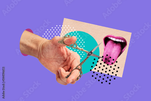 Contemporary poster trend art collage of hand hold scissors cut tool tongue mouth censorship mute lips voiceless teeth surreal photo