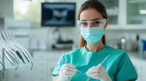 A caring dentist wearing a mask and gloves, carefully performing a cavity filling, with soft lighting and modern dental tools in a clean clinic environment photo