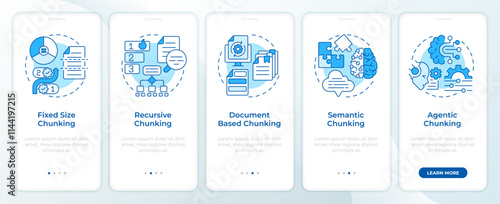 Chunking strategies in RAG blue onboarding mobile app screen. Walkthrough 5 steps editable graphic instructions with linear concepts. UI, UX, GUI template. Montserrat SemiBold, Regular fonts used