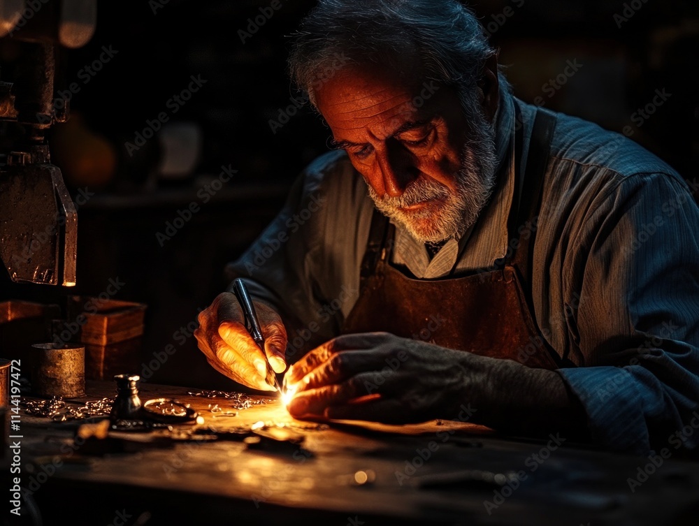 Craftsman intently working metal at dim workbench with lamp glow. Craftsman intently working metal at dim workbench with lamp glow.