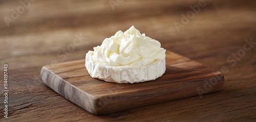 A creamy cheese sits on a wooden cutting board, showcasing its smooth texture and rich flavor. Perfect for gourmet dishes or cheese platters. photo