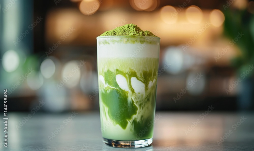 Layered matcha drink, topped with green powder, on a blurry background. Layered matcha drink, topped with green powder, on a blurry background.