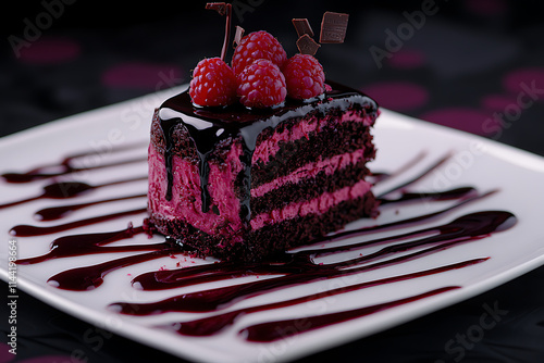 Chocolate raspberry cake with sauce drizzle, perfect for dessert lovers, gourmet food, and culinary photography. photo