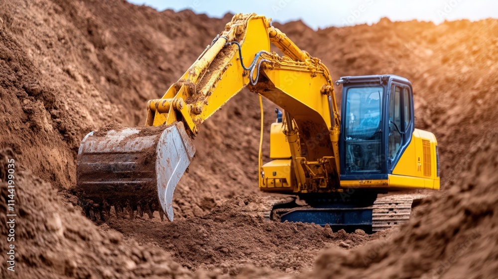 A yellow excavator is digging into the dirt A yellow excavator is digging into the dirt