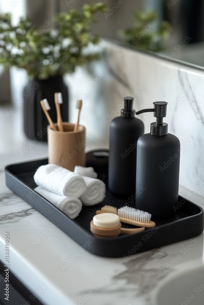 Bathroom counter with toiletries and towels. Bathroom counter with toiletries and towels.