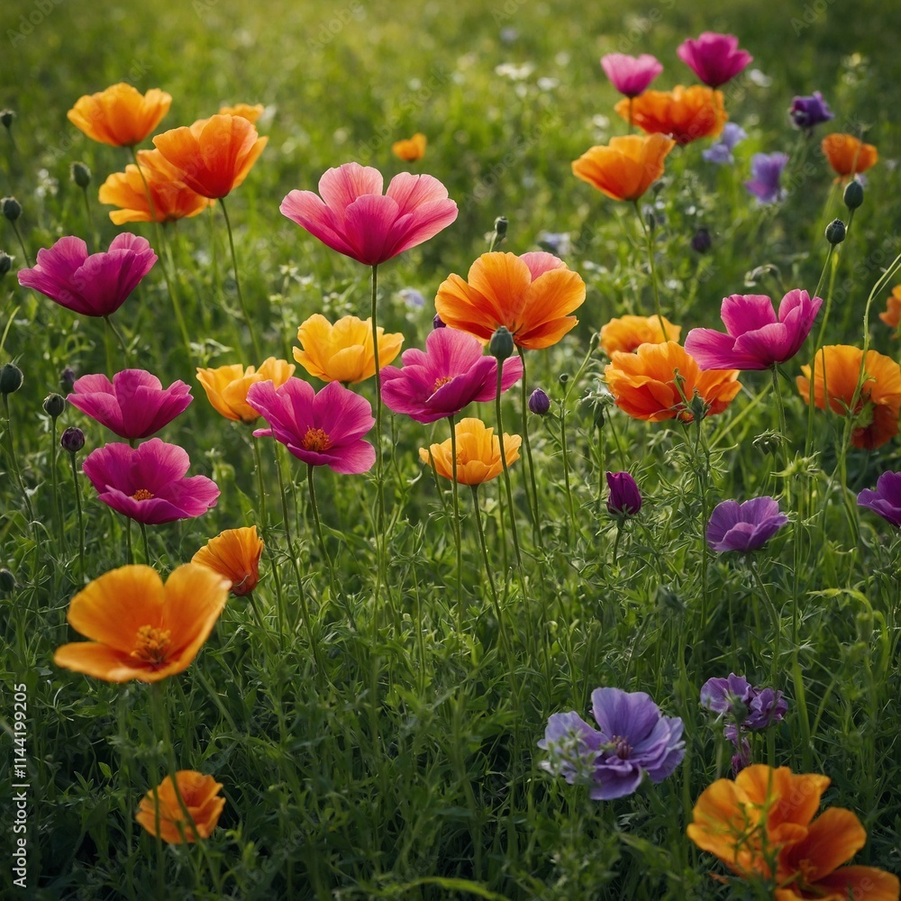 Fototapeta premium Petal-like textures in vibrant floral colors against a green meadow.