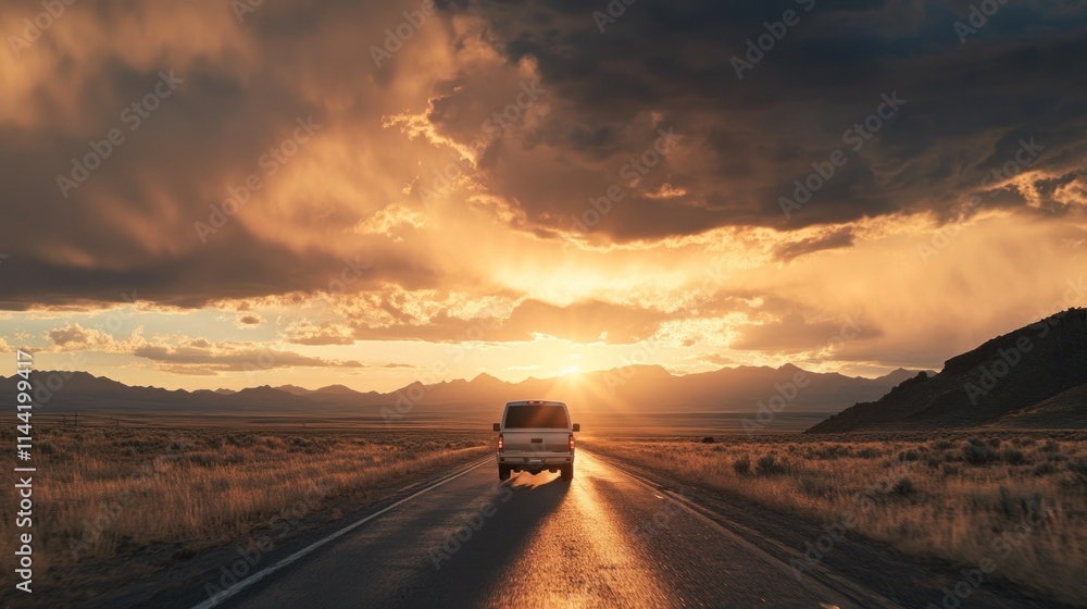 Van driving on open road during sunset with dramatic sky. Van driving on open road during sunset with dramatic sky.