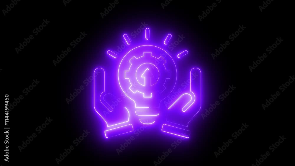 Hand bulb setting icon animation by purple color neon on black background. Hand bulb setting icon animation by purple color neon on black background.