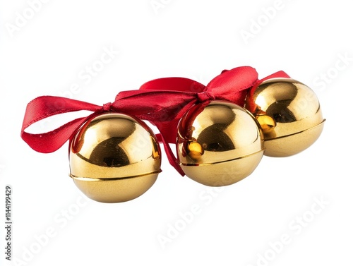 A festive arrangement of three shiny golden bells tied with a vibrant red ribbon, perfect for celebrating the holiday season and spreading joy. photo