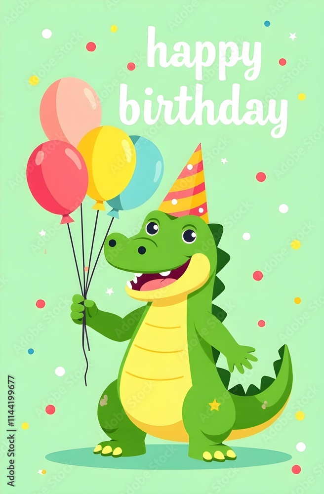 A crocodile in a party hat is holding three colorful balloons