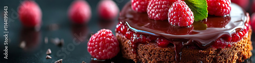 Chocolate raspberry cake garnished with leaves, perfect for dessert photography and food styling. photo