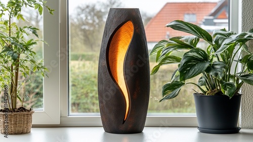 Illuminated carved wooden vase, home decor.