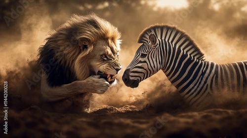 A dramatic encounter between a lion and a zebra in a dusty, wild environment.