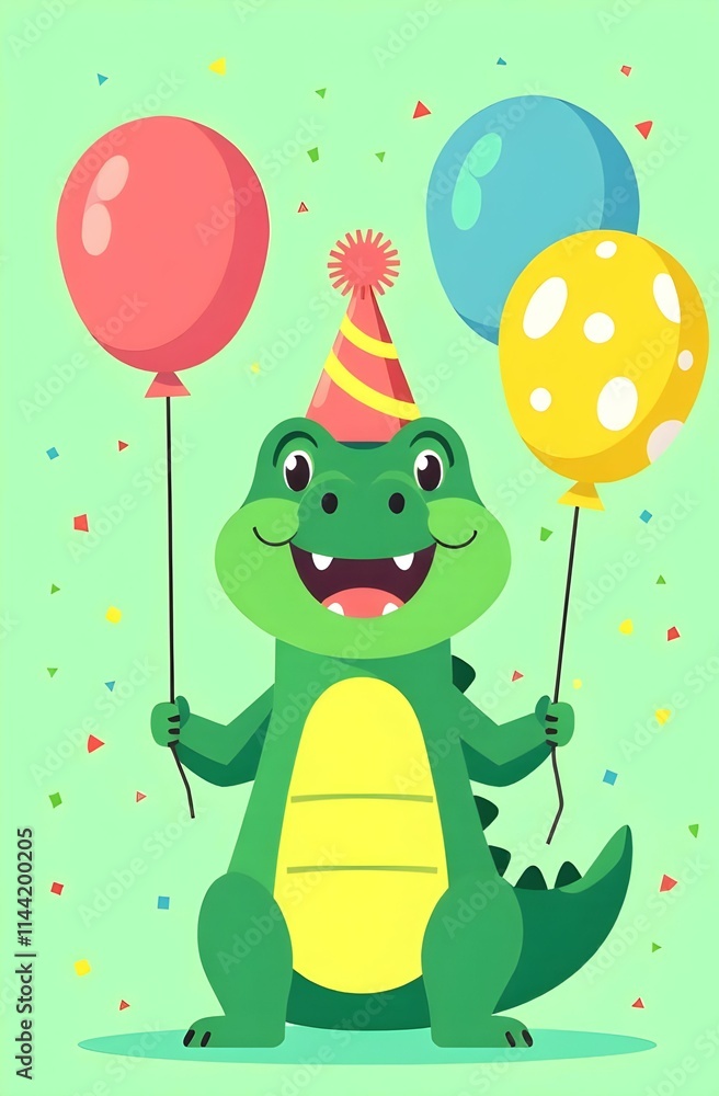 A crocodile in a party hat is holding three colorful balloons