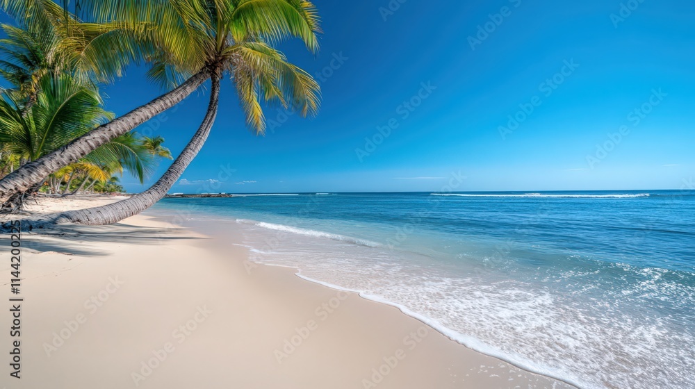 A beautiful beach with a palm tree in the foreground and a blue sky above A beautiful beach with a palm tree in the foreground and a blue sky above
