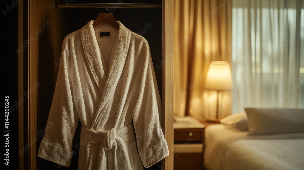 White bathrobe hangs in a wardrobe, hotel bedroom in the background. White bathrobe hangs in a wardrobe, hotel bedroom in the background.