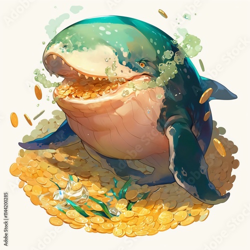 Playful anthropomorphic whale swims pool gold coins its orange eyes sharp teeth adding whimsy scene