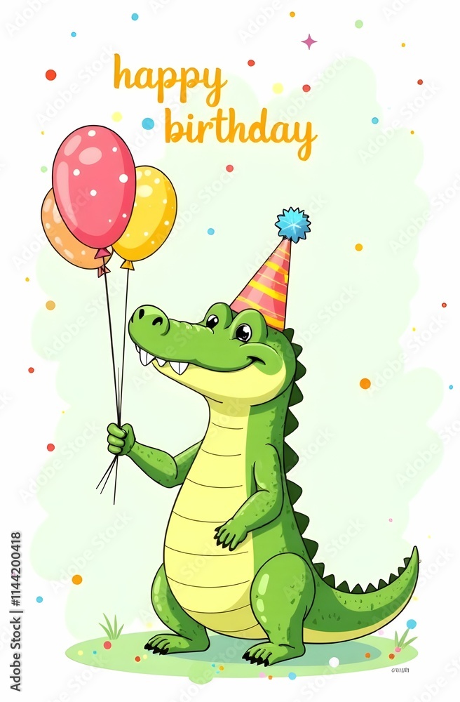 A crocodile in a party hat is holding three colorful balloons
