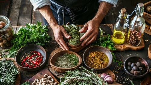 Fototapeta Naklejka Na Ścianę i Meble -  Hands preparing fresh herbs and spices on a rustic table