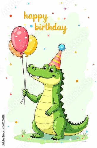 Obraz na płótnie A crocodile in a party hat is holding three colorful balloons w salonie