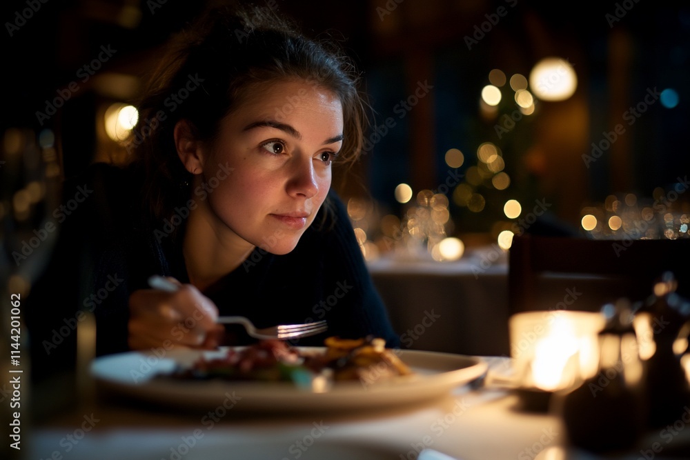 A young woman enjoying a meal in a cozy restaurant with soft lighting and a warm ambiance. A young woman enjoying a meal in a cozy restaurant with soft lighting and a warm ambiance.