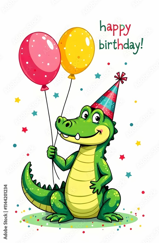 A crocodile in a party hat is holding three colorful balloons