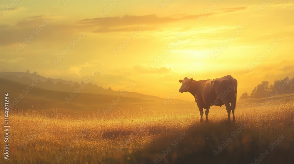 Serene Cow Standing Alone in a Golden Field at Sunset, Capturing the Tranquility of Rural Life with Breathtaking Colors and Peaceful Atmosphere Serene Cow Standing Alone in a Golden Field at Sunset, Capturing the Tranquility of Rural Life with Breathtaking Colors and Peaceful Atmosphere