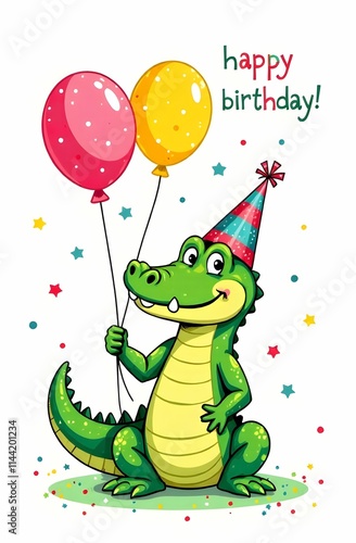 Obraz na płótnie A crocodile in a party hat is holding three colorful balloons w salonie