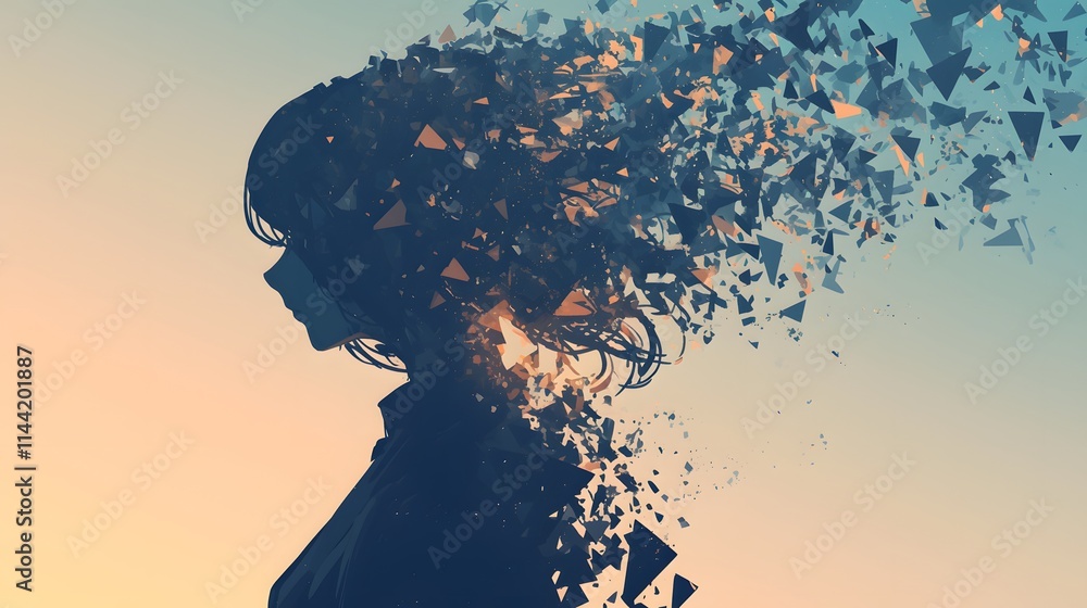 Female silhouette dissolving into particles, transforming into a humanoid figure in 2D anime style
