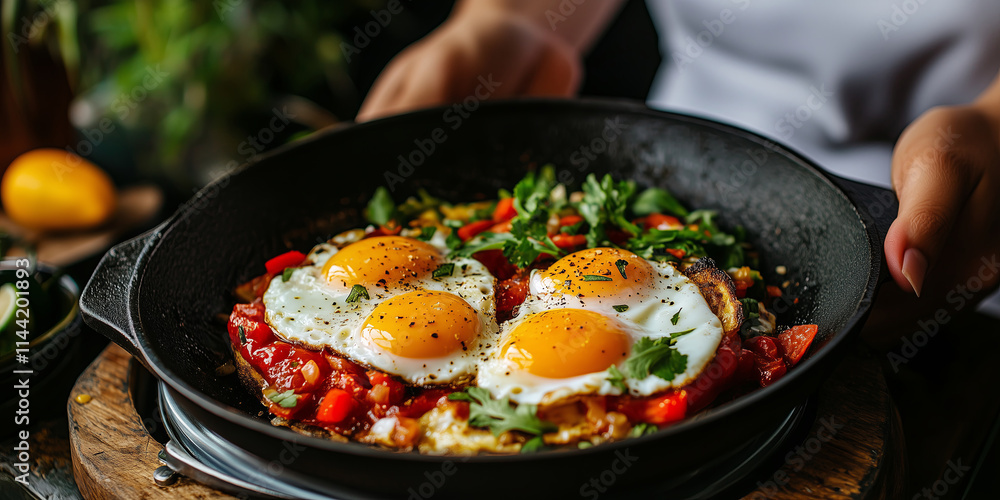 Delicious fried eggs sunny side up in a black pan, breakfast preparation Delicious fried eggs sunny side up in a black pan, breakfast preparation