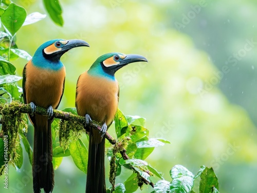 Two colorful motmots sit on branch. photo