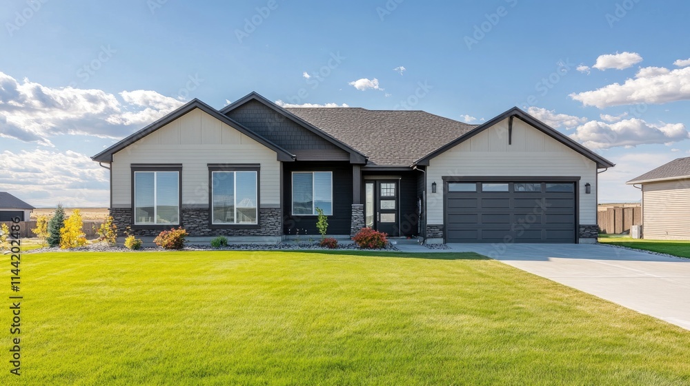 Ranch style house with dark gray accents, stone veneer, and a green lawn. Ranch style house with dark gray accents, stone veneer, and a green lawn.