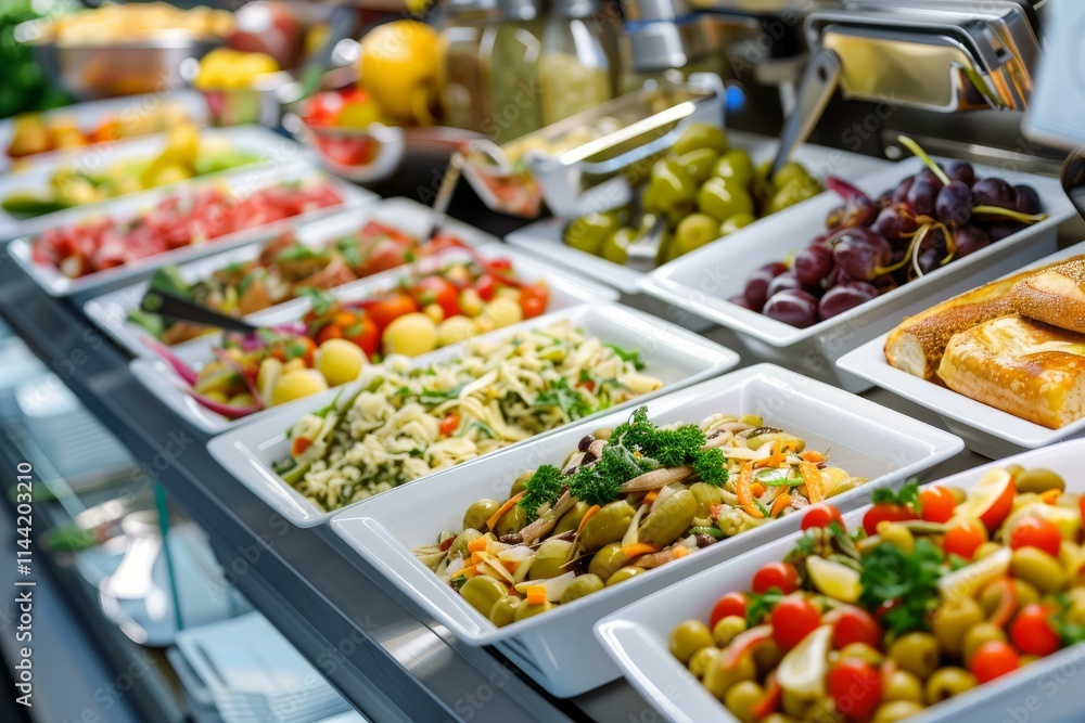 Buffet table with plates full of delicious salads and appetizers ready for guests Buffet table with plates full of delicious salads and appetizers ready for guests