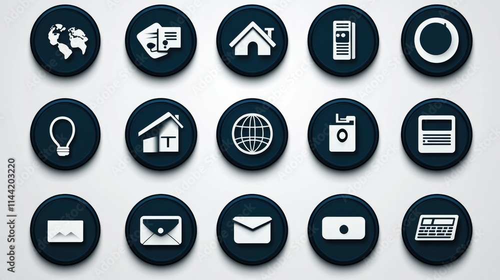 Dark blue circular buttons with various white icons representing global communication, home, finance, and technology. Dark blue circular buttons with various white icons representing global communication, home, finance, and technology.