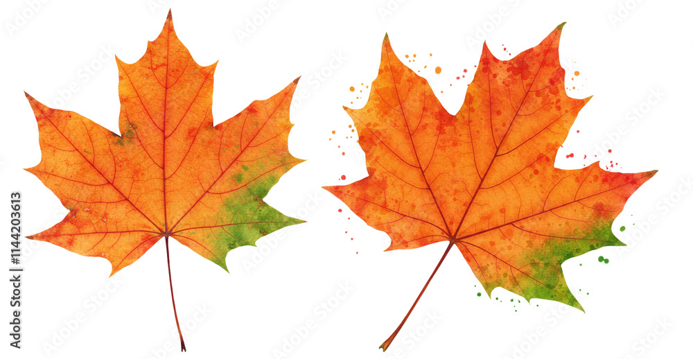 A maple leaf with splashes of orange, red, and green blending seamlessly, giving it a painted artistic look on a white backdrop A maple leaf with splashes of orange, red, and green blending seamlessly, giving it a painted artistic look on a white backdrop