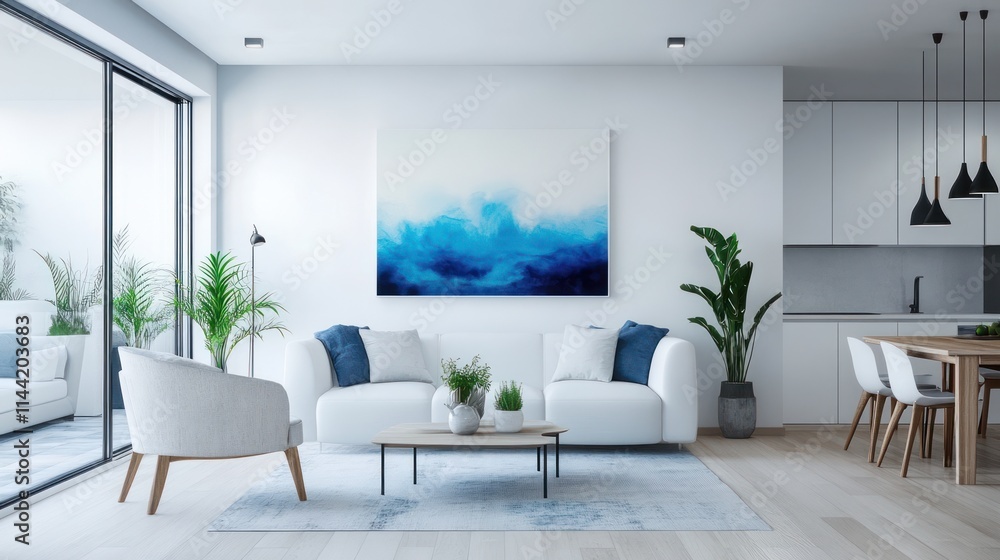 Serene Modern Living Room with Blue Abstract Art Serene Modern Living Room with Blue Abstract Art