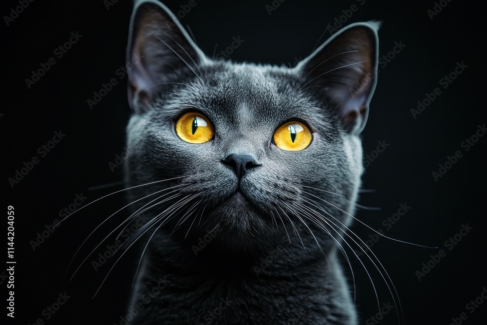 Grey cat with bright yellow eyes stares upward against black background. Grey cat with bright yellow eyes stares upward against black background.