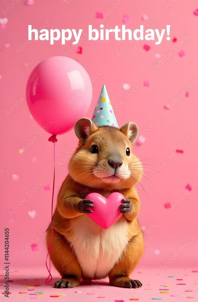 A charming birthday card features an adorable capybara happily holding a heartshaped balloon, perfect for celebration