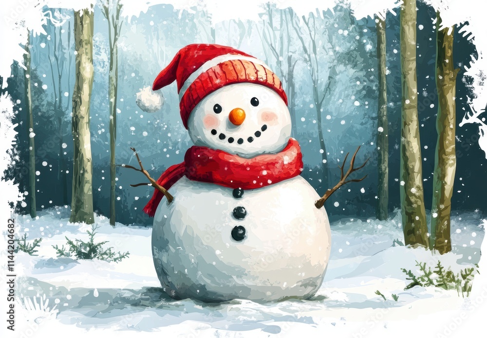 Obraz premium Cheerful Snowman in Winter Forest Surrounded by Falling Snowflakes