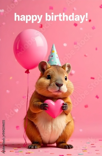 Obraz na płótnie A charming birthday card features an adorable capybara happily holding a heartshaped balloon, perfect for celebration w salonie